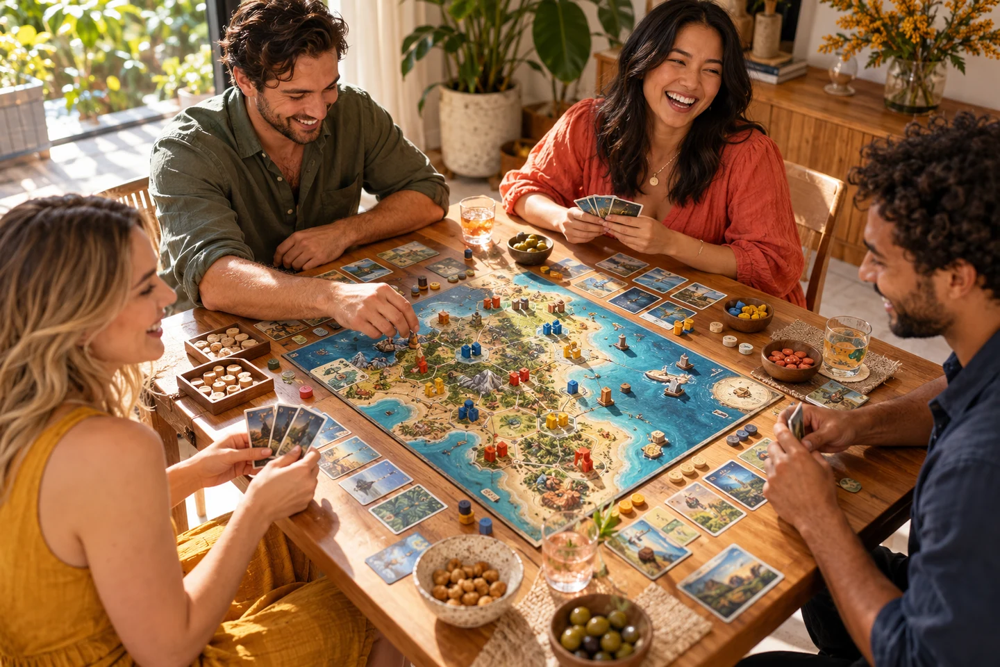 A lively adult games night around a colourful Australian dining table