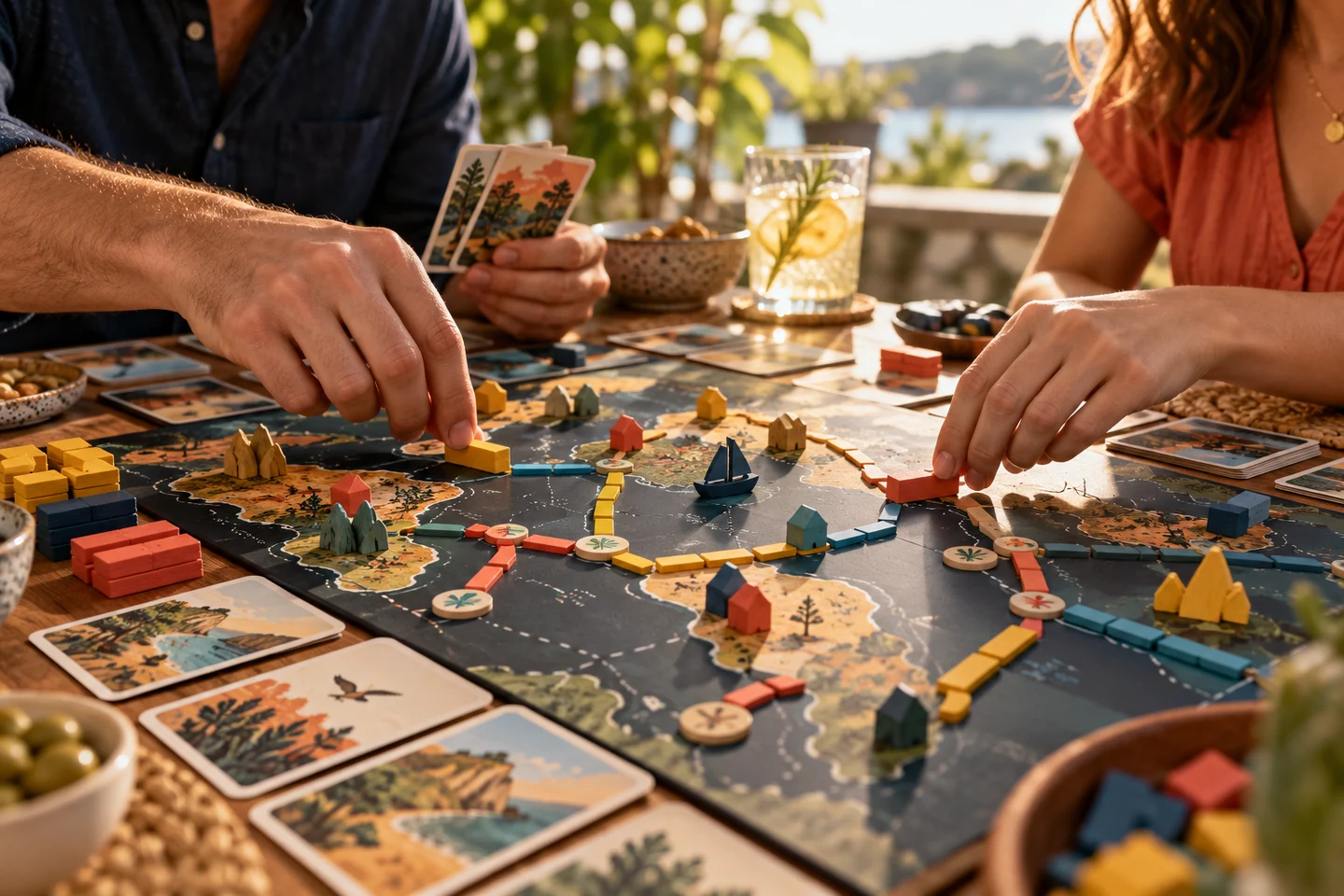 Close detail of colourful tabletop pieces and cards