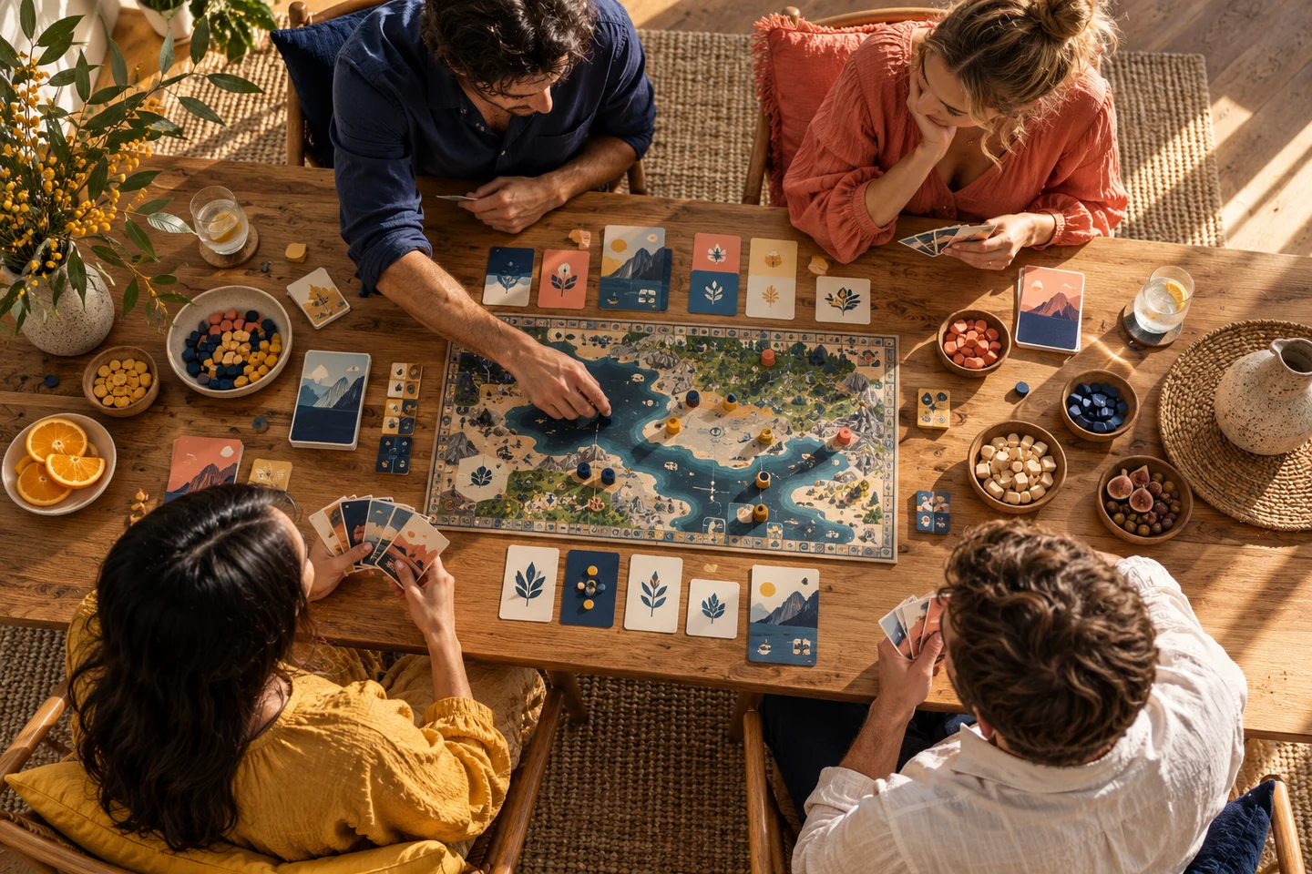 An overhead view of friends considering an illustrated game board