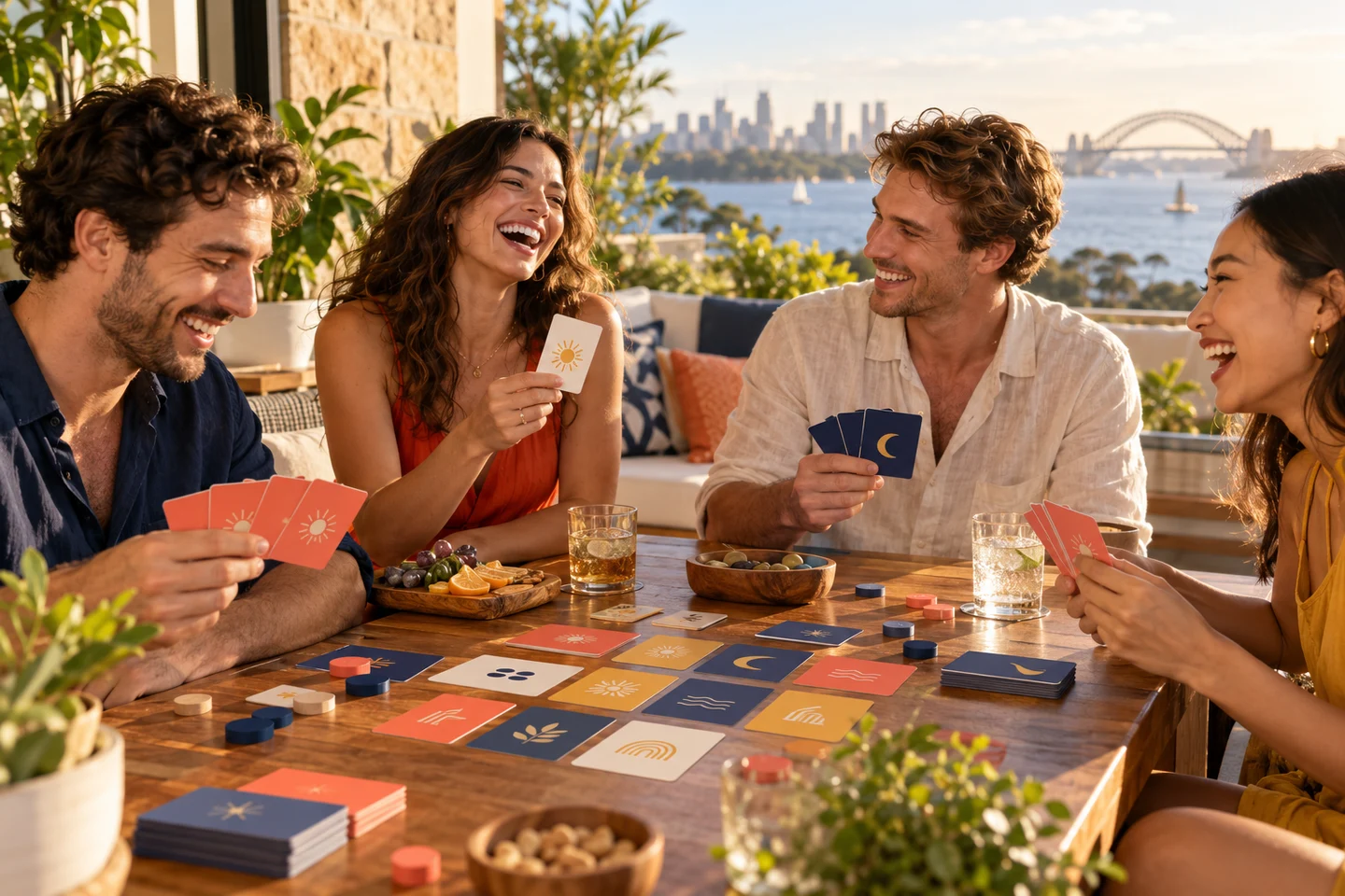 Friends enjoying a lively party card game
